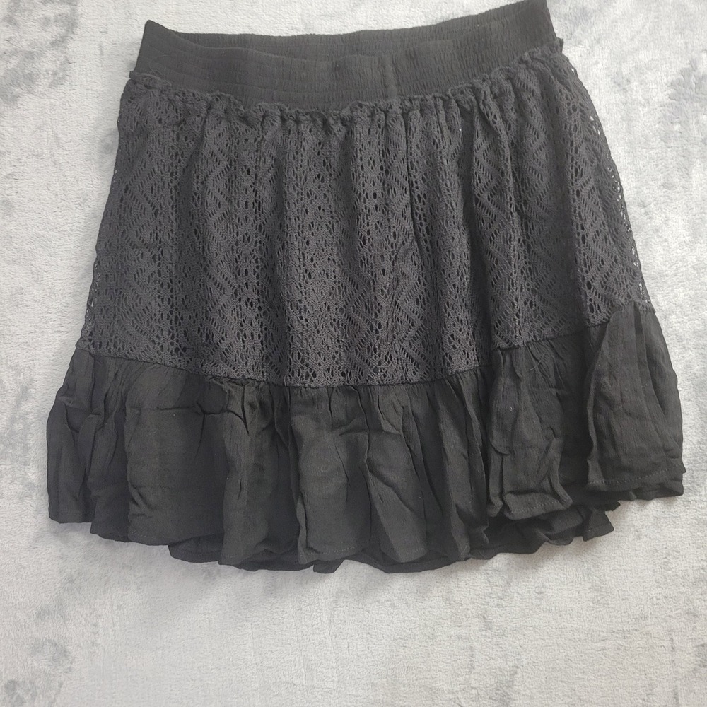 Umgee Black Crochet Lace Tiered Mini Skirt L Fairycore Cottagecore Coquette